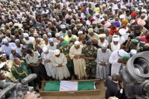 Dignitaries gather in front of the coffin of Nigeria's late president Yar'adua during the state burial in his home town of Katsina