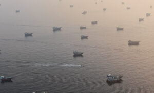 A drone view shows vessels in the Strait of Hormuz, as seen from Musandam