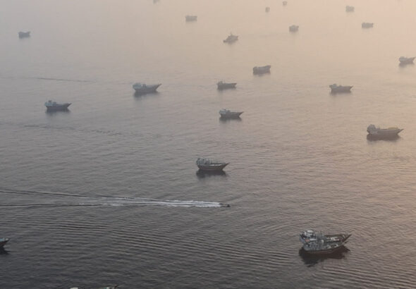 A drone view shows vessels in the Strait of Hormuz, as seen from Musandam