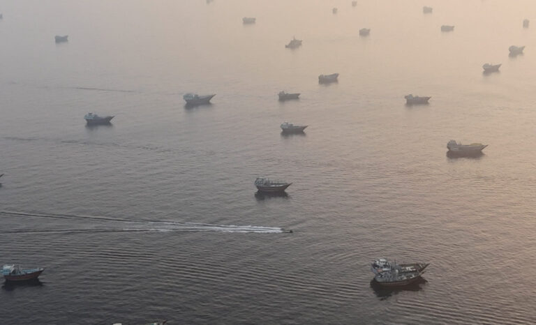 A drone view shows vessels in the Strait of Hormuz, as seen from Musandam