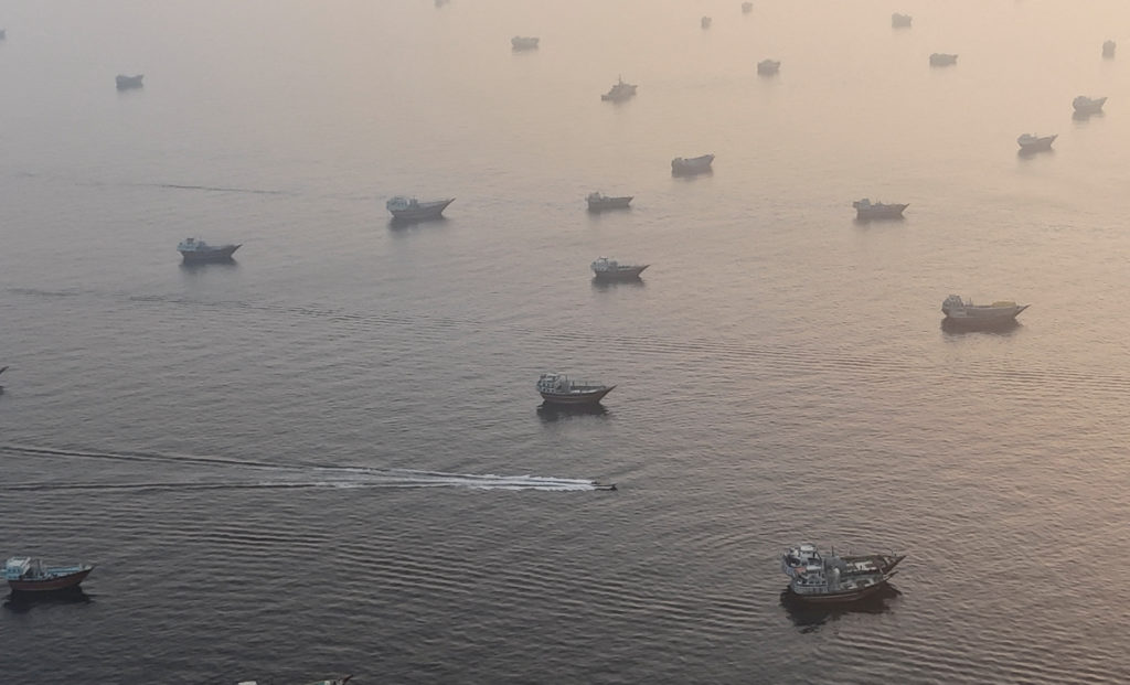A drone view shows vessels in the Strait of Hormuz, as seen from Musandam